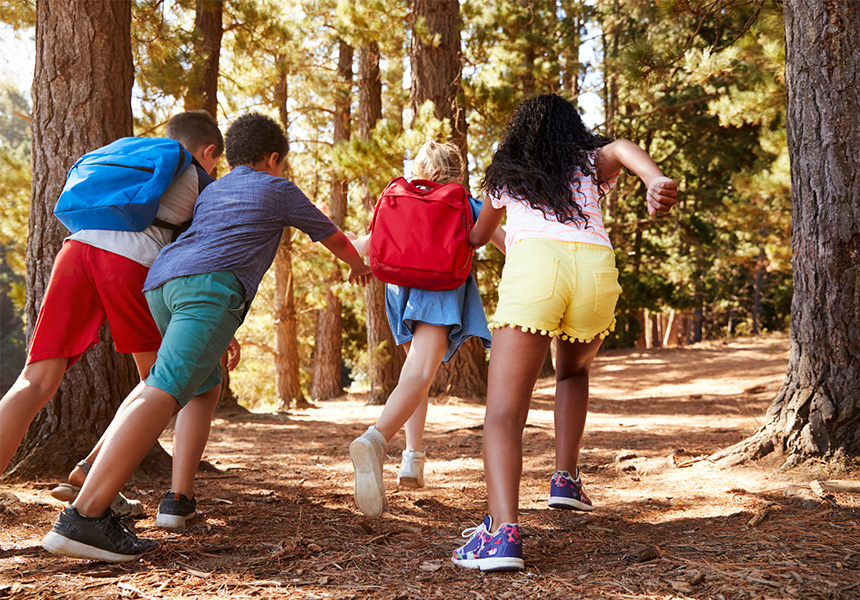 Fyra barn som springer på en led i skogen.