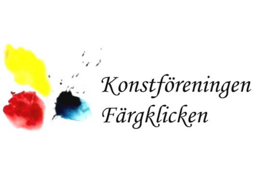 Texten "Konstföreningen Färgklicken" och tre illustrerade färgklickar.