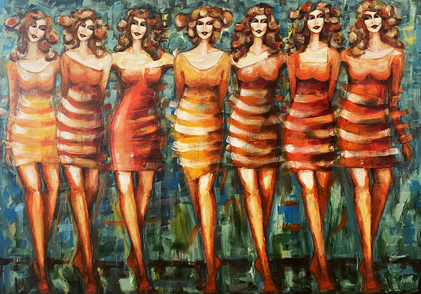 Konstverk av Zhitza där sju personer i klänning och långt hår står på rad.
